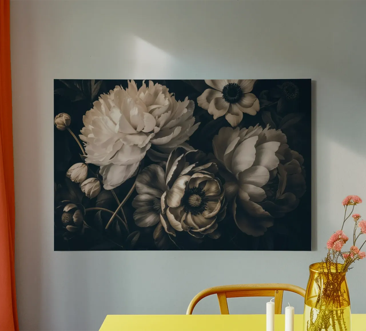 Dark Moody Barok Bloemen Symfonie Ivoor Bruin canvas met Baklijst van Andrea Haase Vintage World