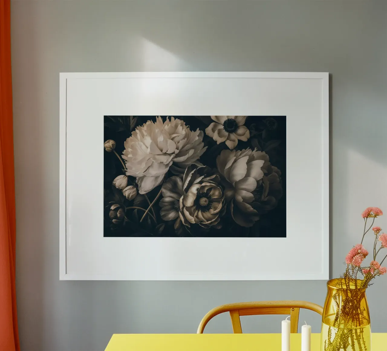 Dark Moody Barok Bloemen Symfonie Ivoor Bruin poster met houten frame van Andrea Haase Vintage World