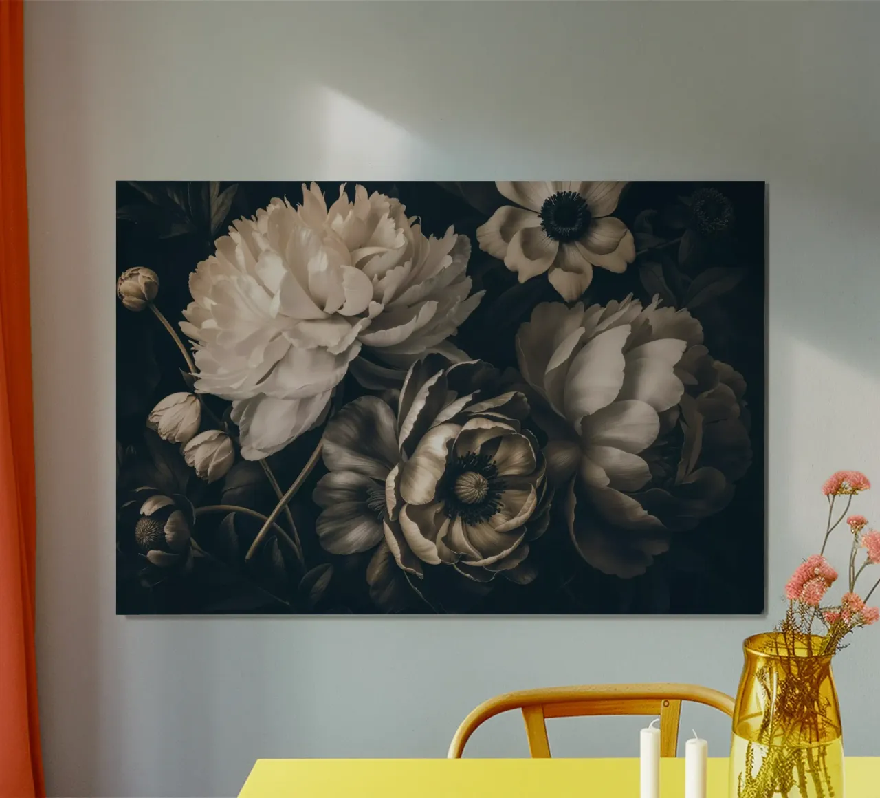 Dark Moody Barok Bloemen Symfonie Ivoor Bruin poster met houten frame van Andrea Haase Vintage World