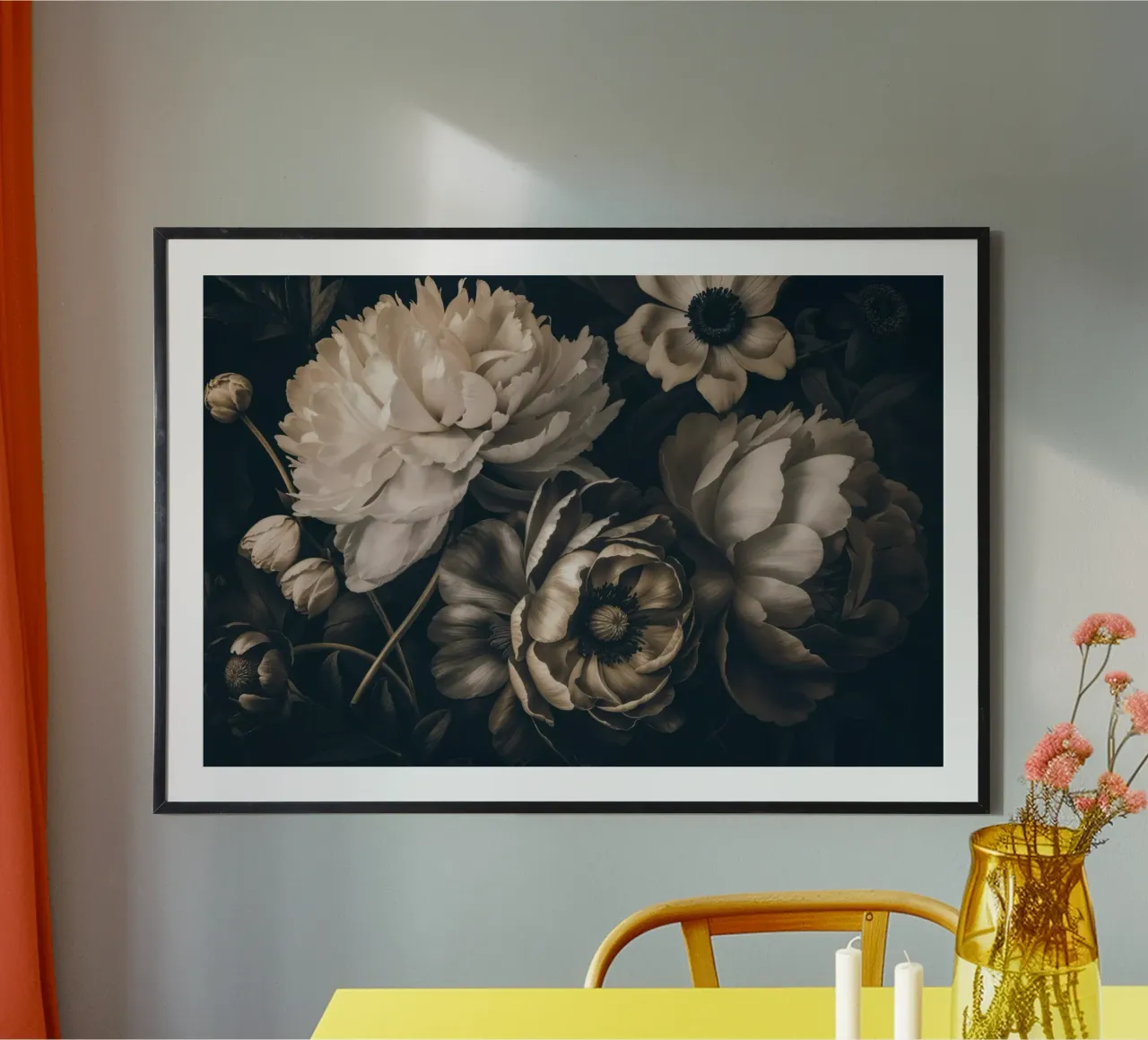 Dark Moody Barok Bloemen Symfonie Ivoor Bruin poster met houten frame van Andrea Haase Vintage World