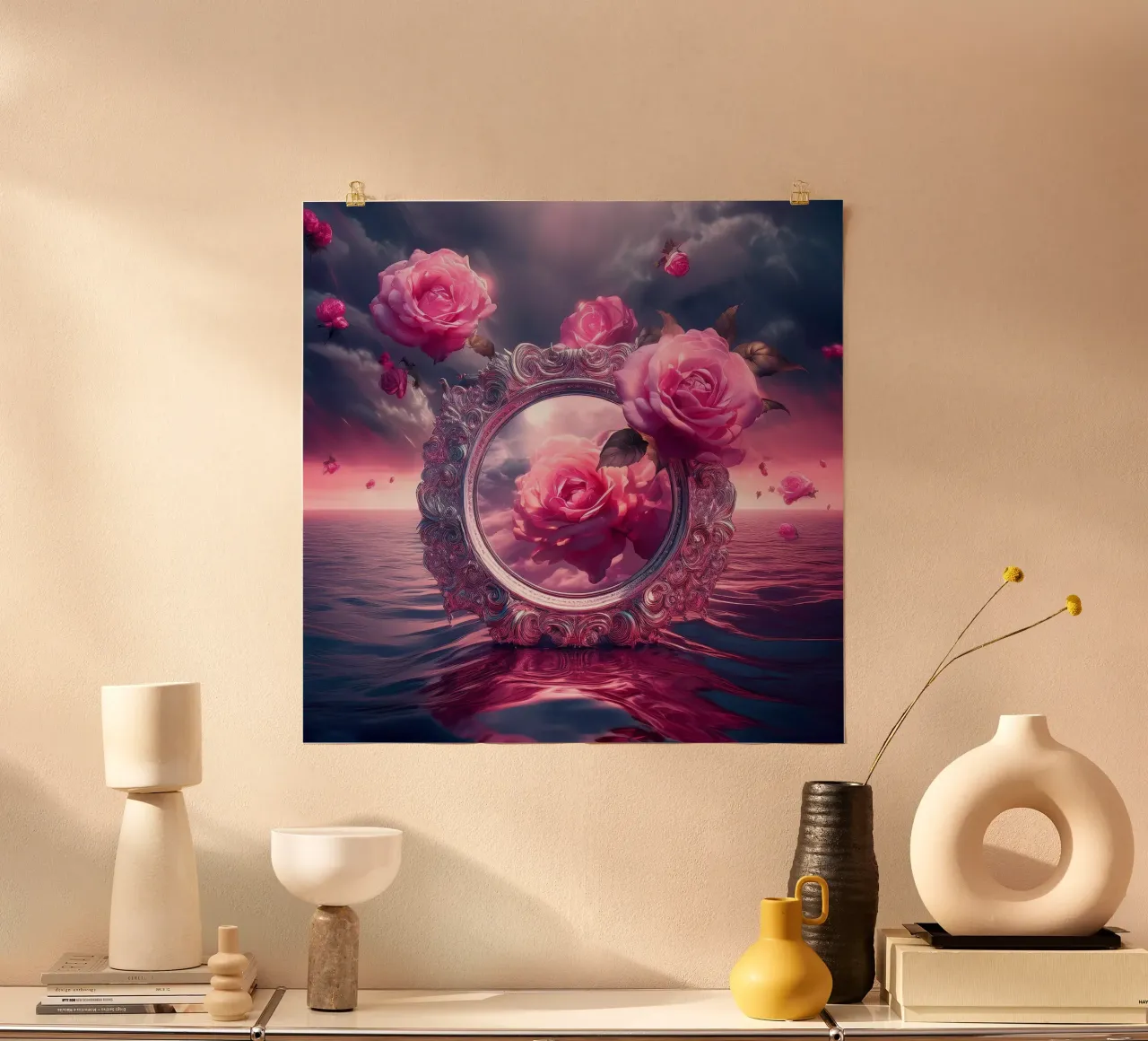 specchio e rosa poster con telaio in legno da kimmindmuse