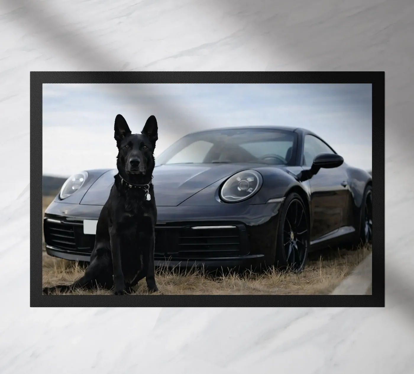 cane nero e auto zerbino da Deemoll