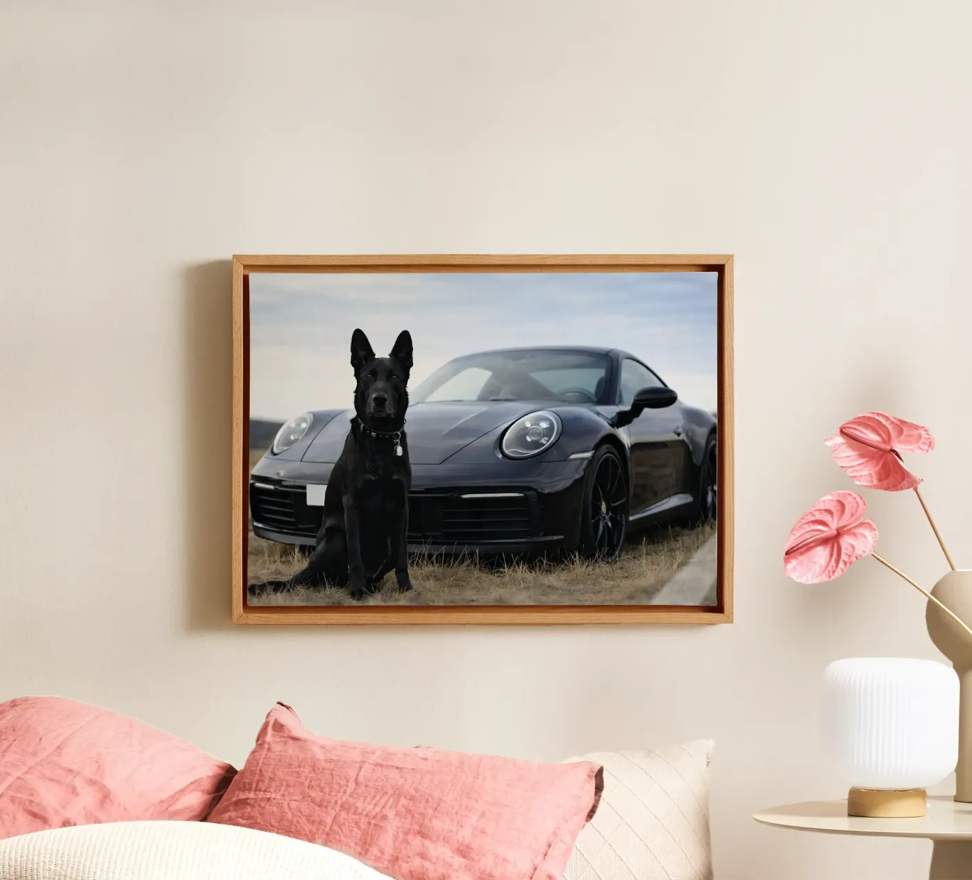 cane nero e auto tela da Deemoll