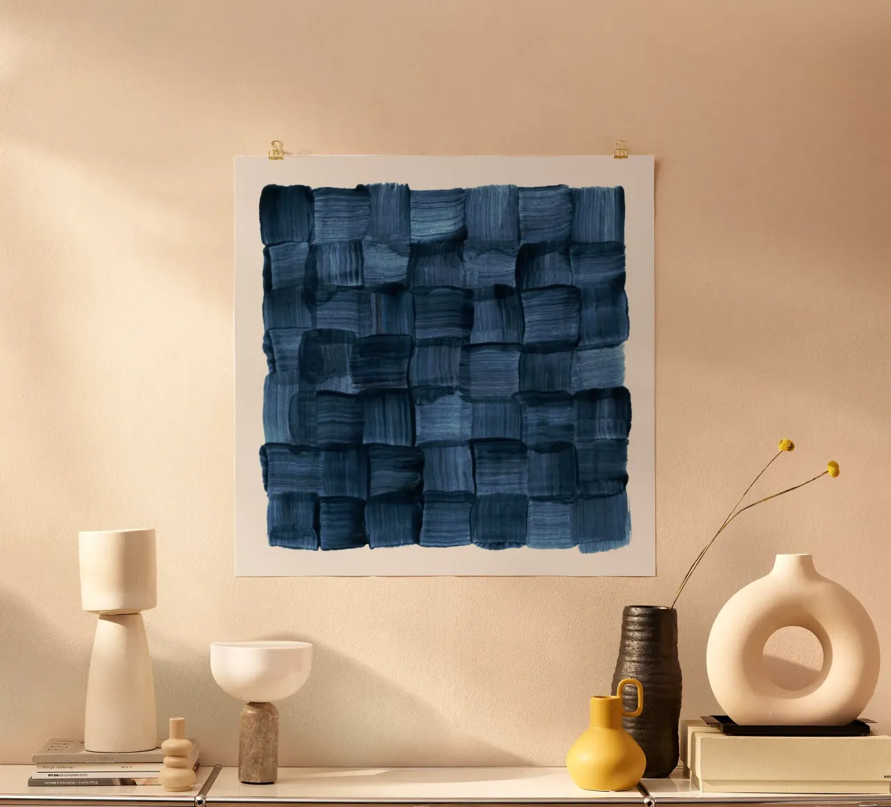 Indigo Watercolor Weave | Brushstroke Abstract poster con telaio in legno da sabidussi