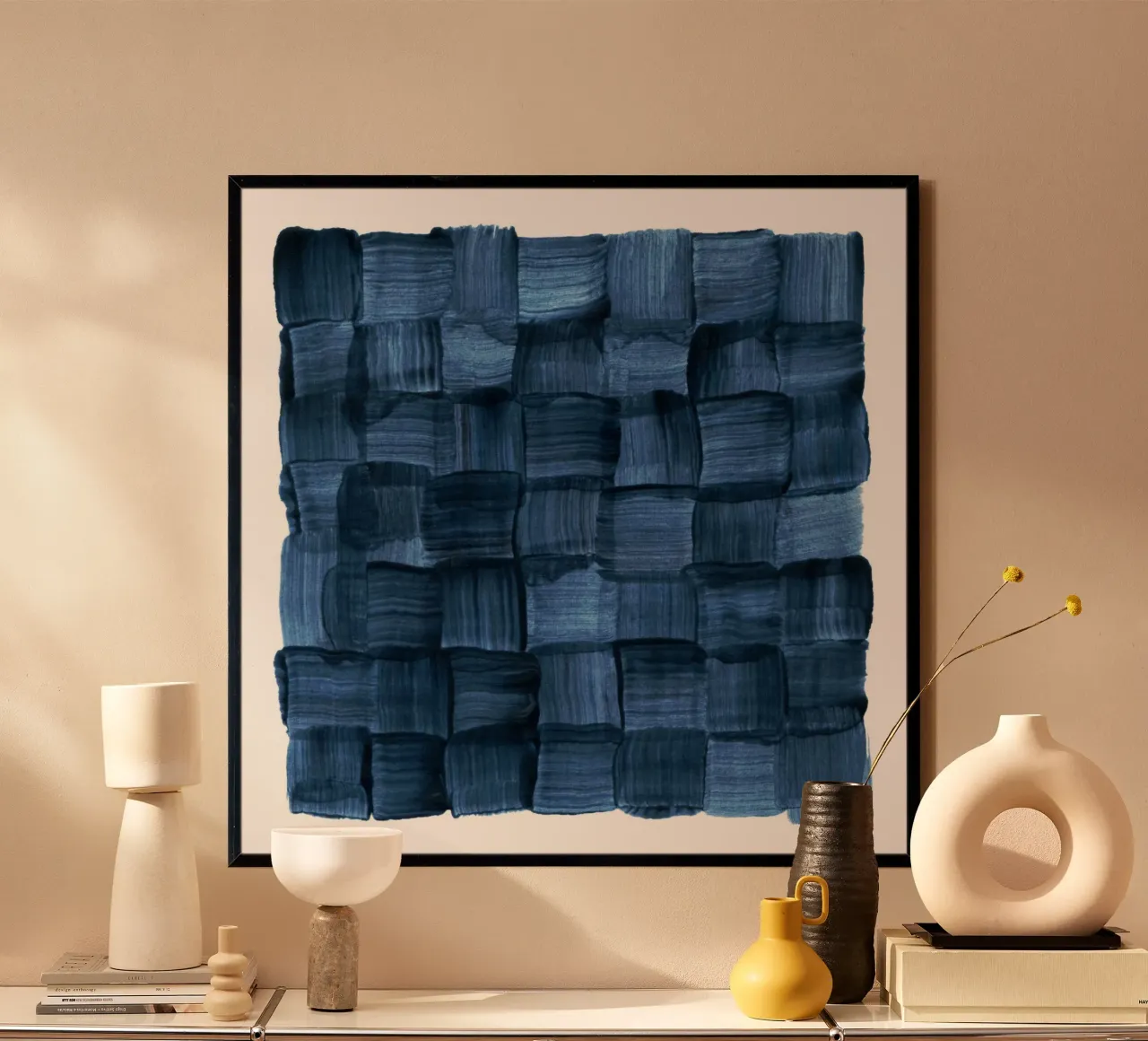 Indigo Watercolor Weave | Brushstroke Abstract poster con telaio in legno da sabidussi