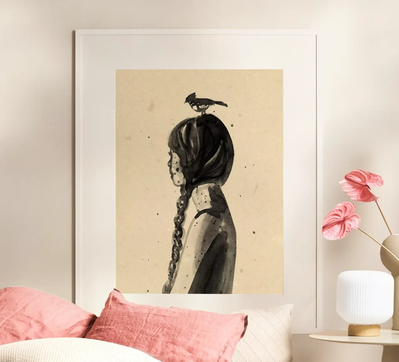 Girl with Bird poster con telaio in legno da Illustration Raissa Oltmanns