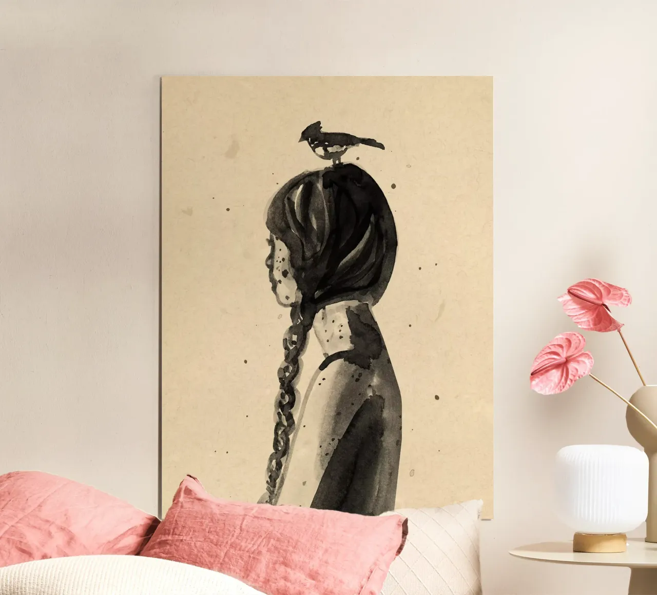 Girl with Bird poster con telaio in legno da Illustration Raissa Oltmanns