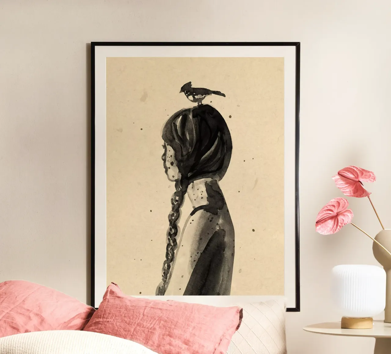 Girl with Bird poster con telaio in legno da Illustration Raissa Oltmanns
