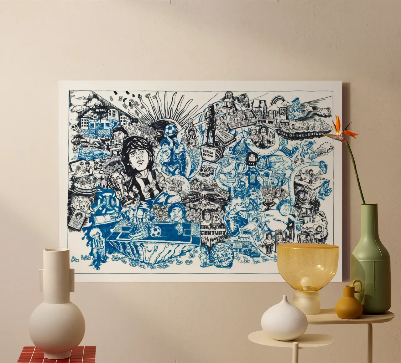 Diego Maradona - Der leidenschaftliche Gott Leinwand mit Schattenfugenrahmen von Artascy Art