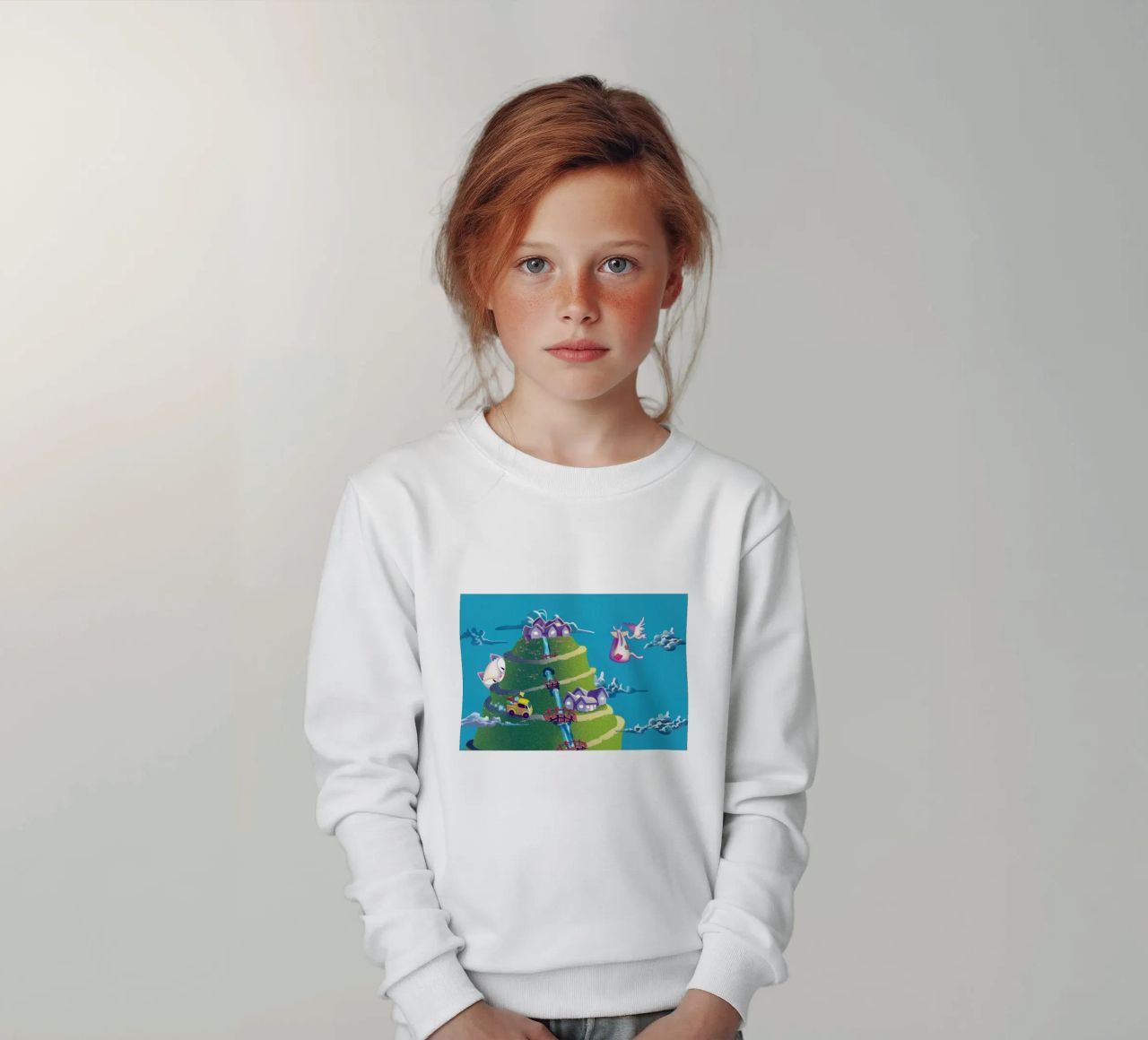 Kat & de groene berg kinder sweatshirt van Artascy Art