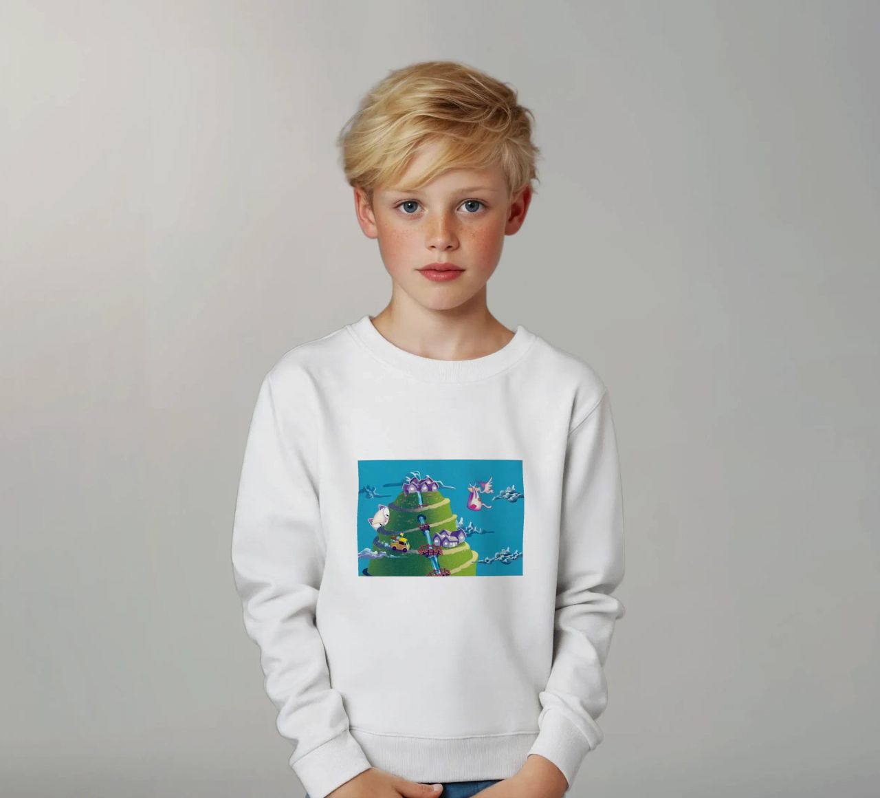 Kat & de groene berg kinder sweatshirt van Artascy Art