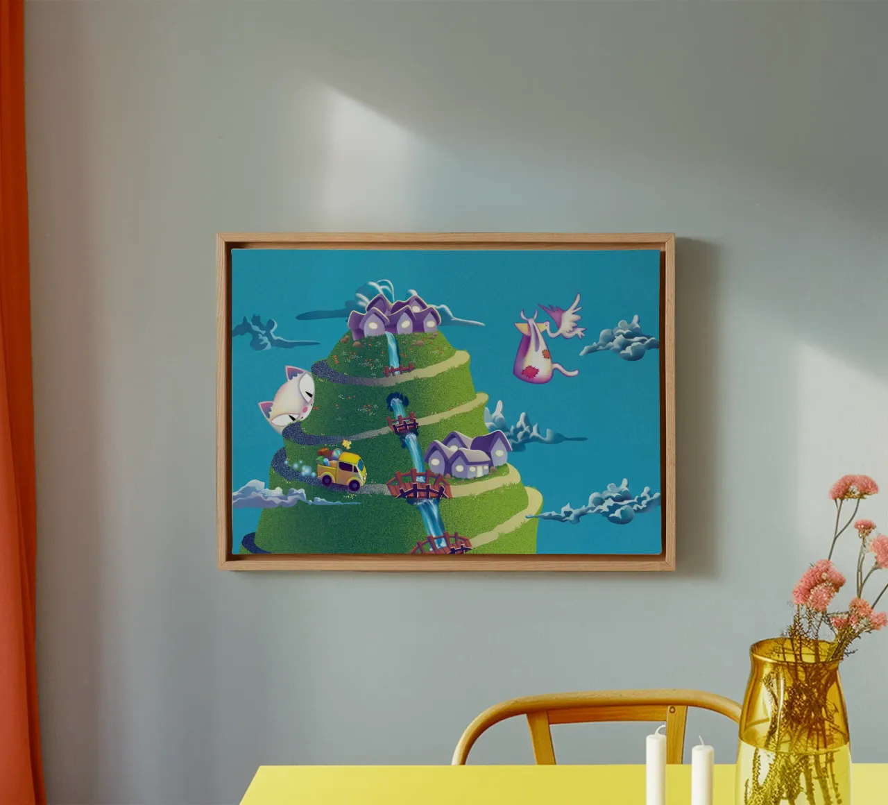 Kat & de groene berg canvas met Baklijst van Artascy Art