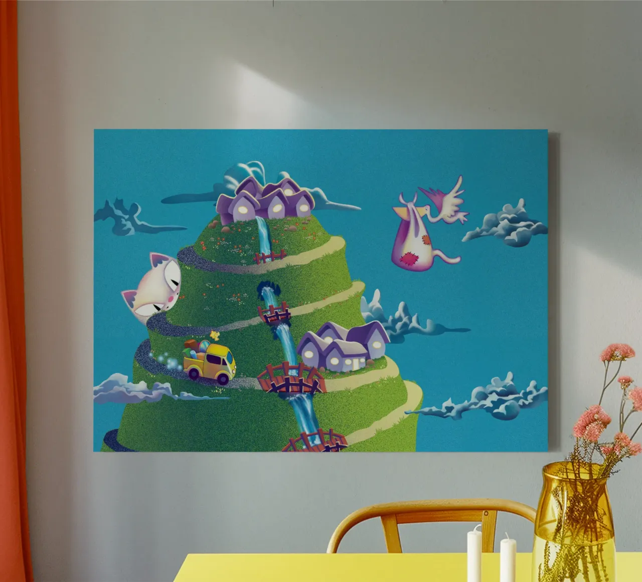 Kat & de groene berg canvas met Baklijst van Artascy Art