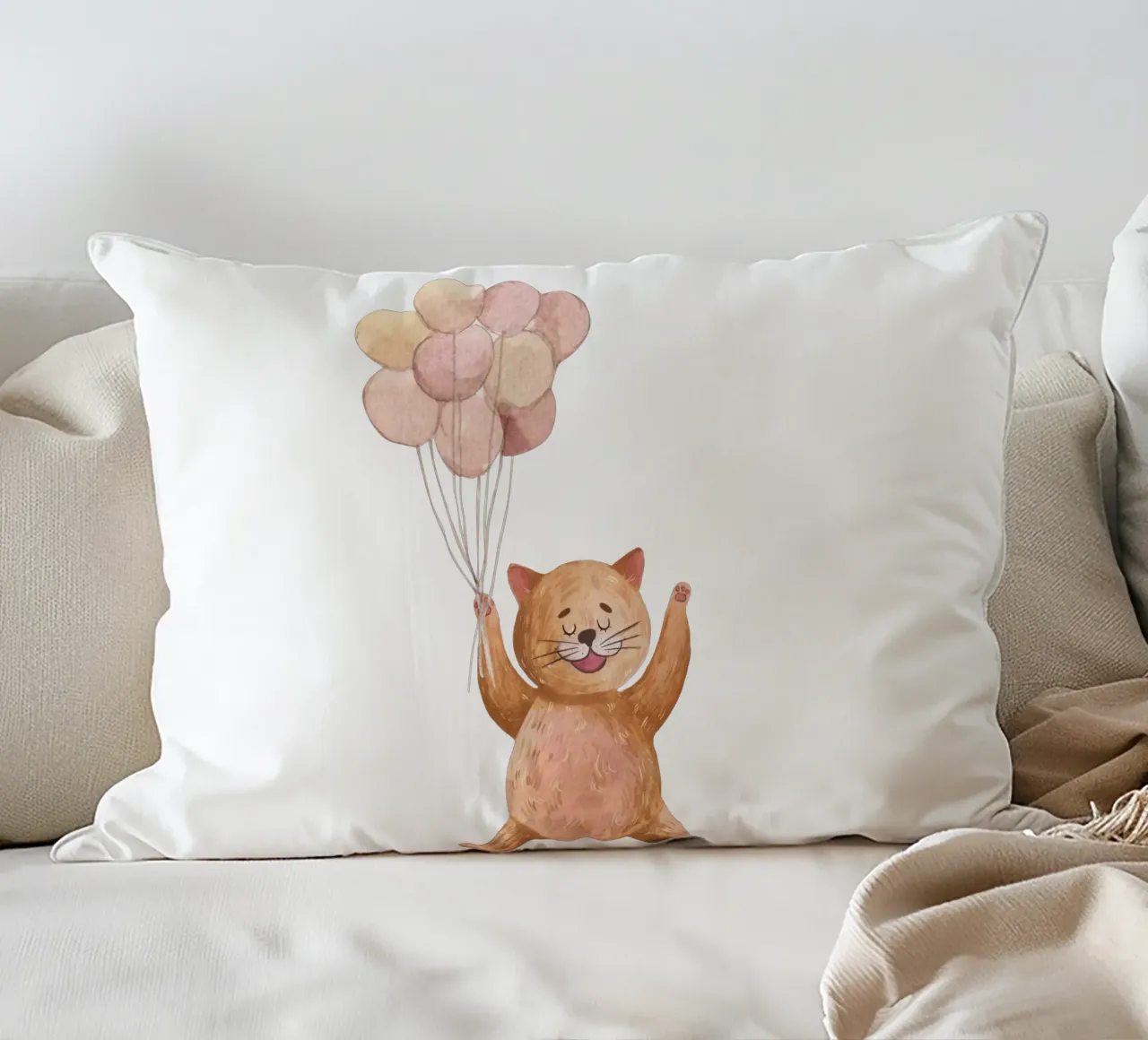 L'avventura di Kitty in mongolfiera cuscino da Doodle Dreams Art