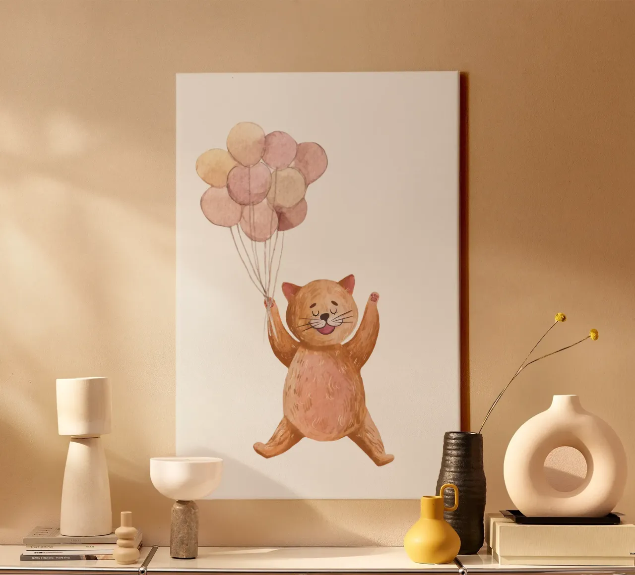 L'avventura di Kitty in mongolfiera tela con Cornice a cassetta da Doodle Dreams Art