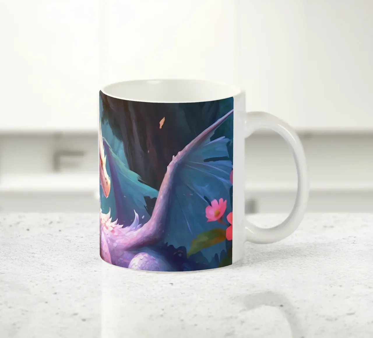 Dragon dans une forêt fleurie tazza in ceramica da Théïa's Fantasia World