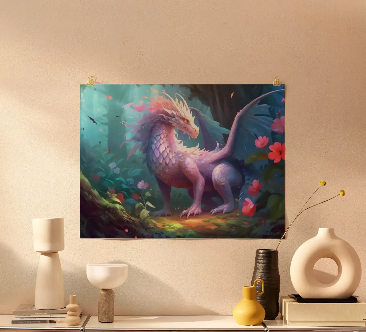 Dragon dans une forêt fleurie carta hahnemühle da Théïa's Fantasia World
