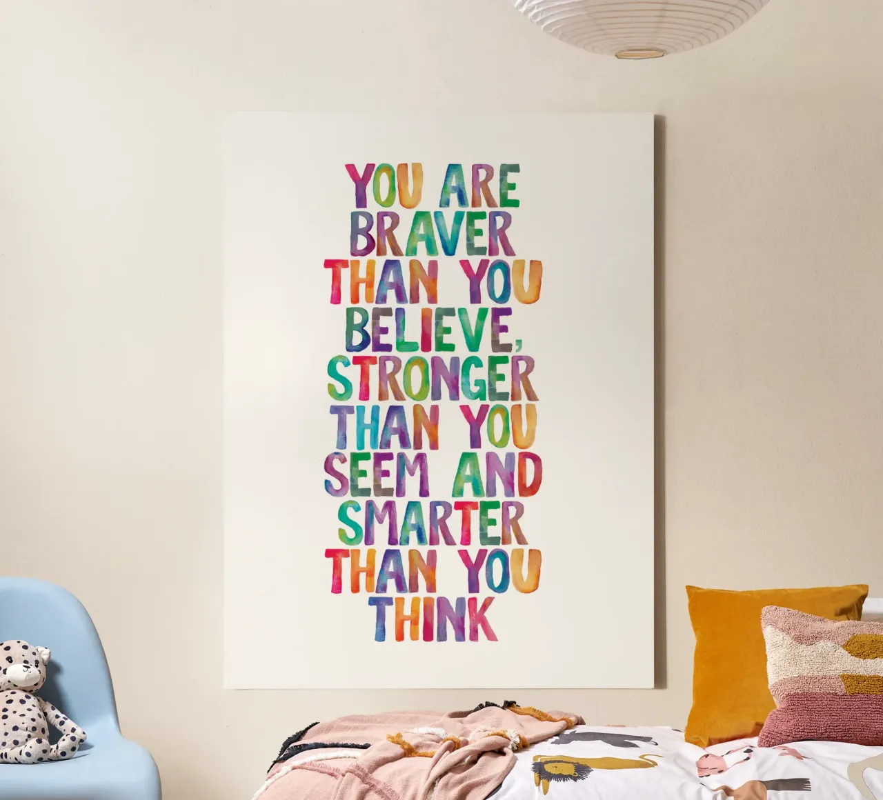 Sei più coraggioso di quanto tu creda Design tipografico arcobaleno tela con Cornice a cassetta da THE MOTIVATED TYPE