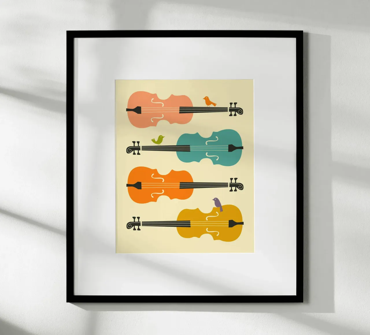 Pájaros en las cuerdas del violonchelo poster con marco de aluminio de Jazzberry Blue