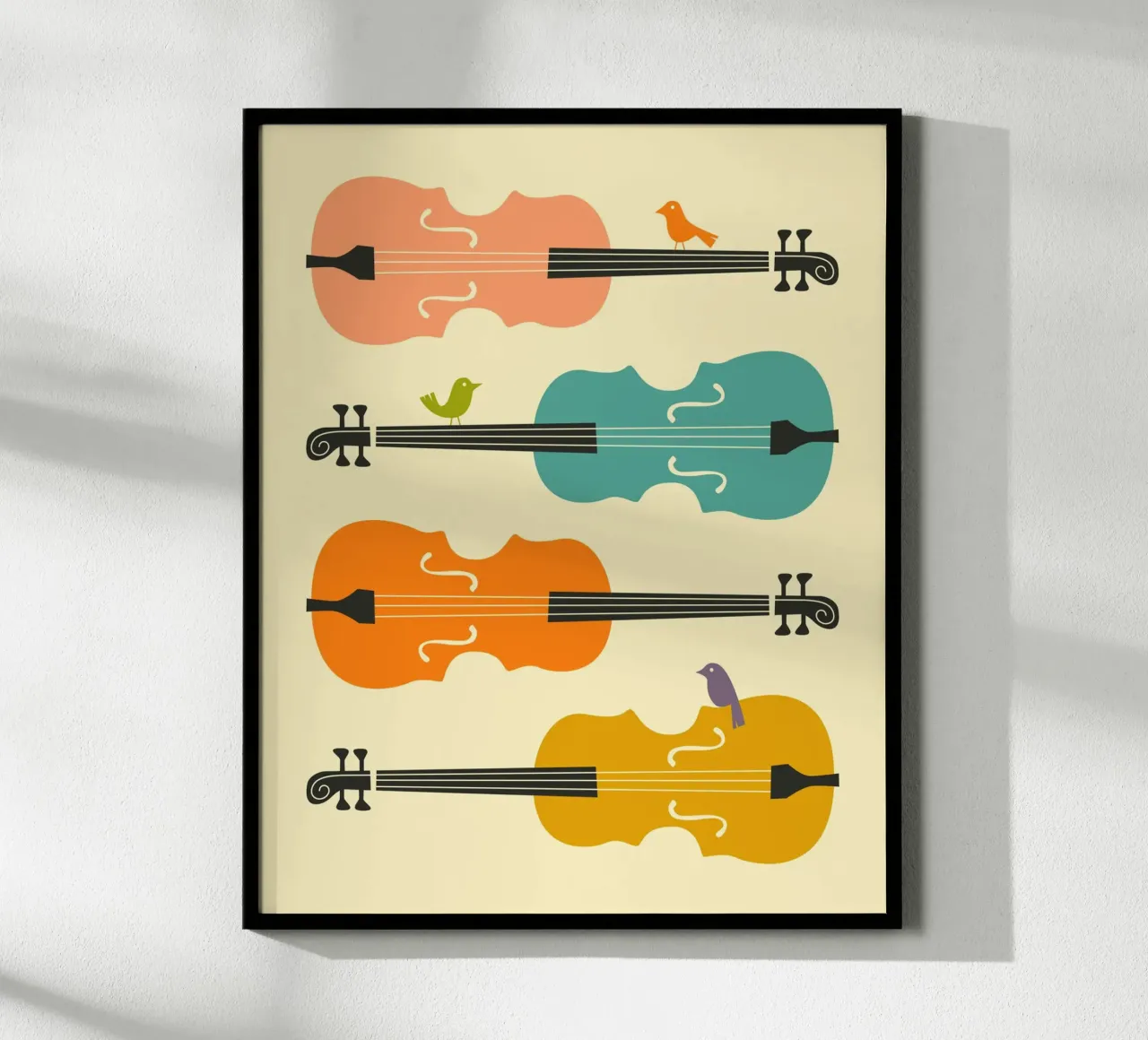 Pájaros en las cuerdas del violonchelo poster con marco de aluminio de Jazzberry Blue