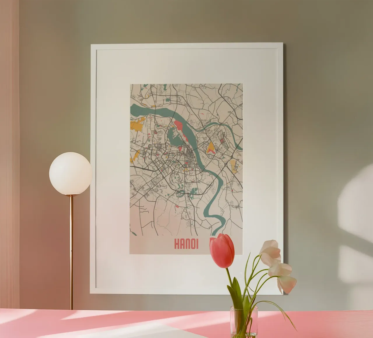 Scoprire Hanoi - Mappa minimalista della città | Stampa fineArt poster con telaio in legno da MOOODZART