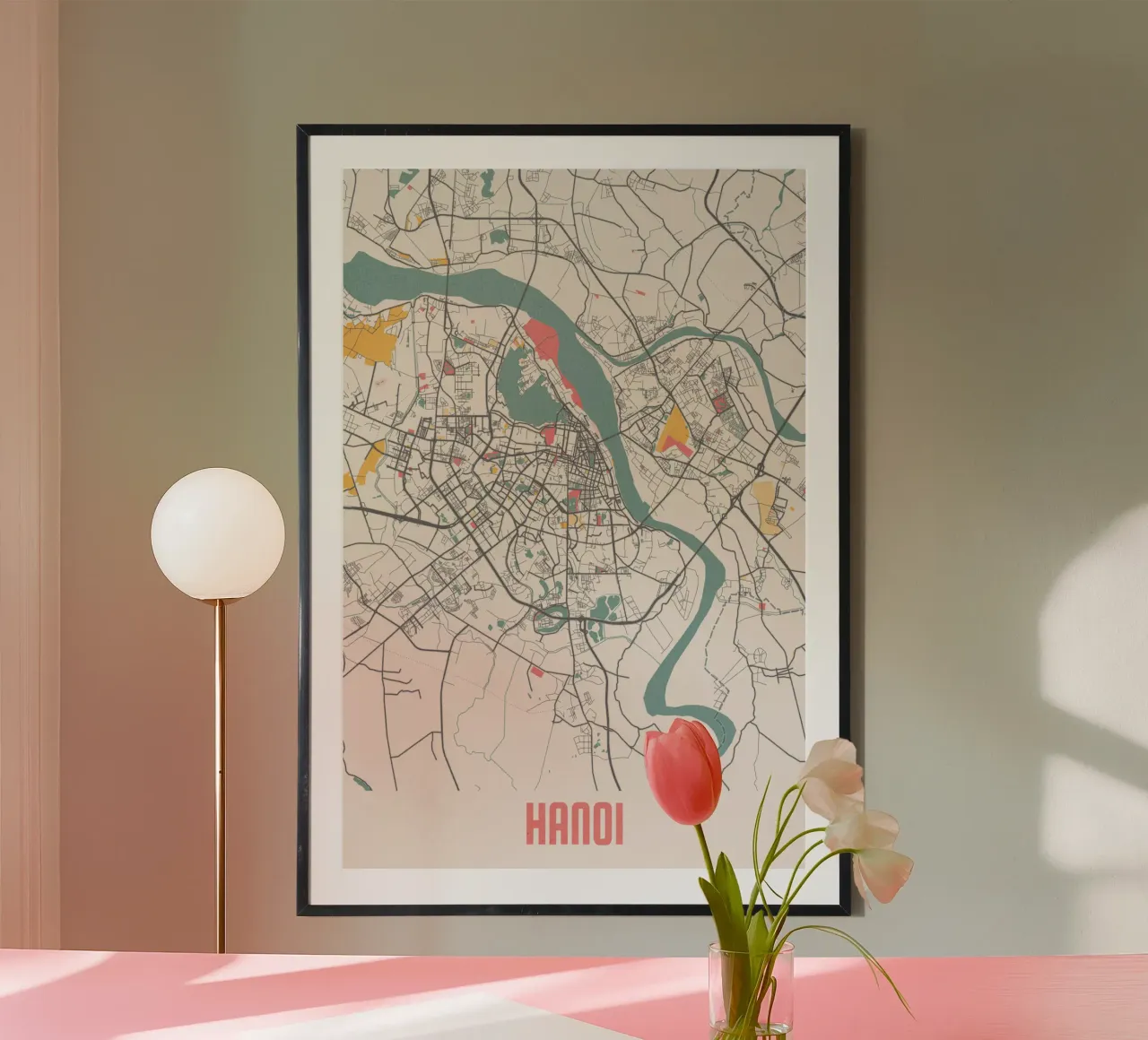 Scoprire Hanoi - Mappa minimalista della città | Stampa fineArt poster con telaio in legno da MOOODZART