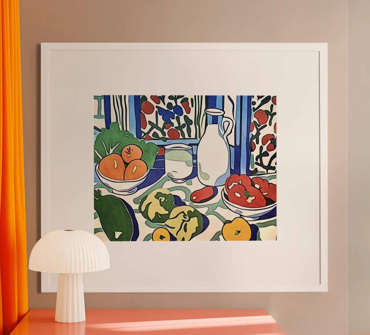 Frutta e verdura sul tavolo della cucina poster con telaio in legno da ZAMART