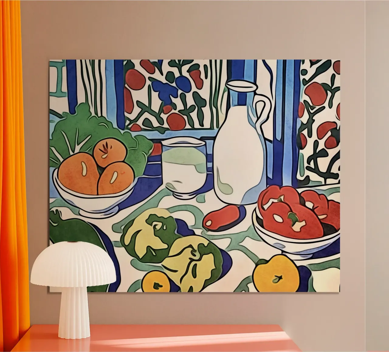 Frutta e verdura sul tavolo della cucina poster con telaio in legno da ZAMART
