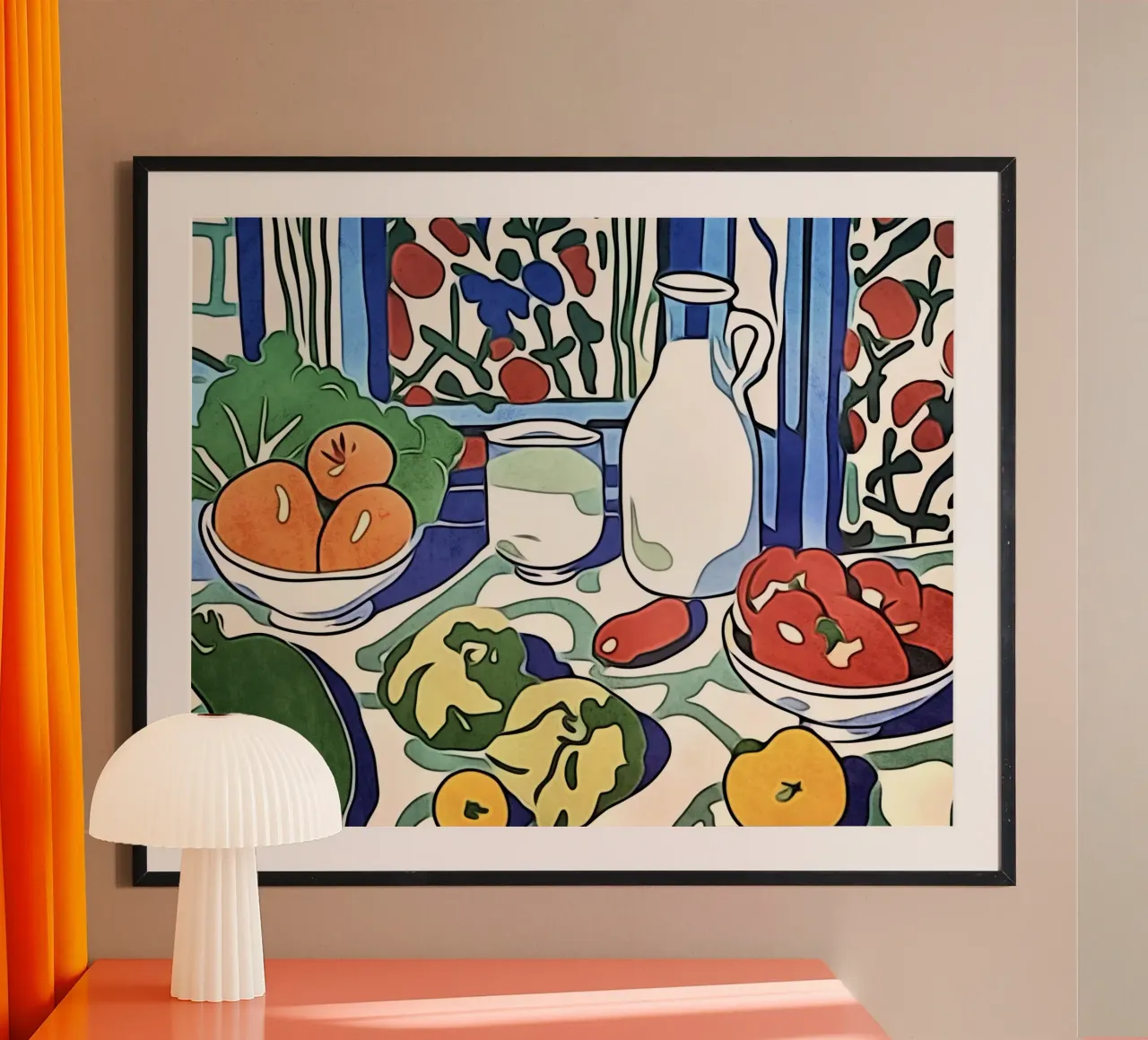 Frutta e verdura sul tavolo della cucina poster con telaio in legno da ZAMART