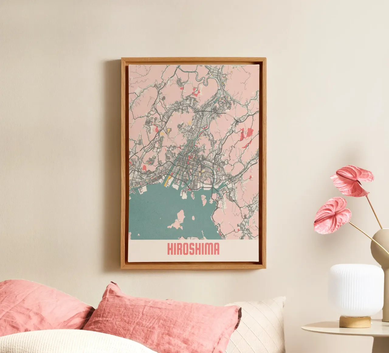 Herontdek Hiroshima - Moderne stadsplattegrond als kunstdruk canvas met Baklijst van MOOODZART