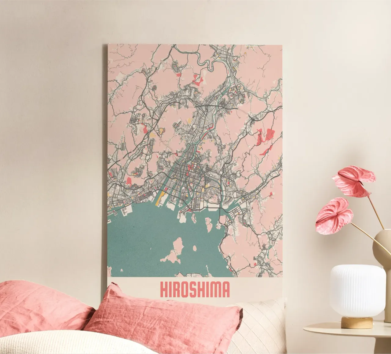 Herontdek Hiroshima - Moderne stadsplattegrond als kunstdruk canvas met Baklijst van MOOODZART