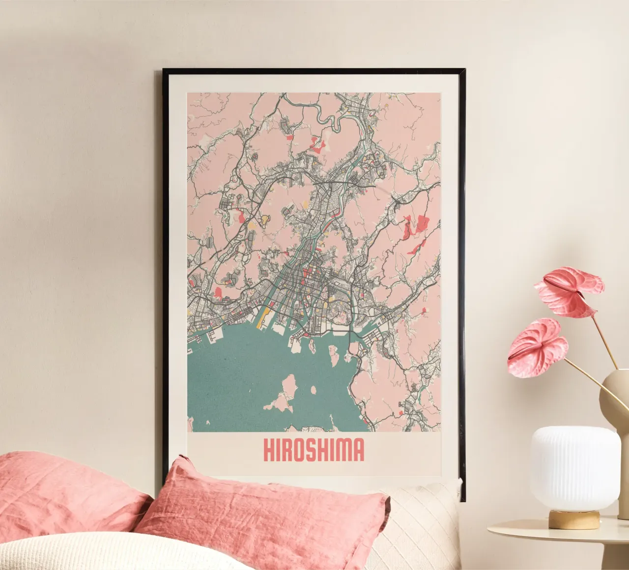Riscoprire Hiroshima - Mappa moderna della città come stampa d'arte poster con telaio in alluminio da MOOODZART
