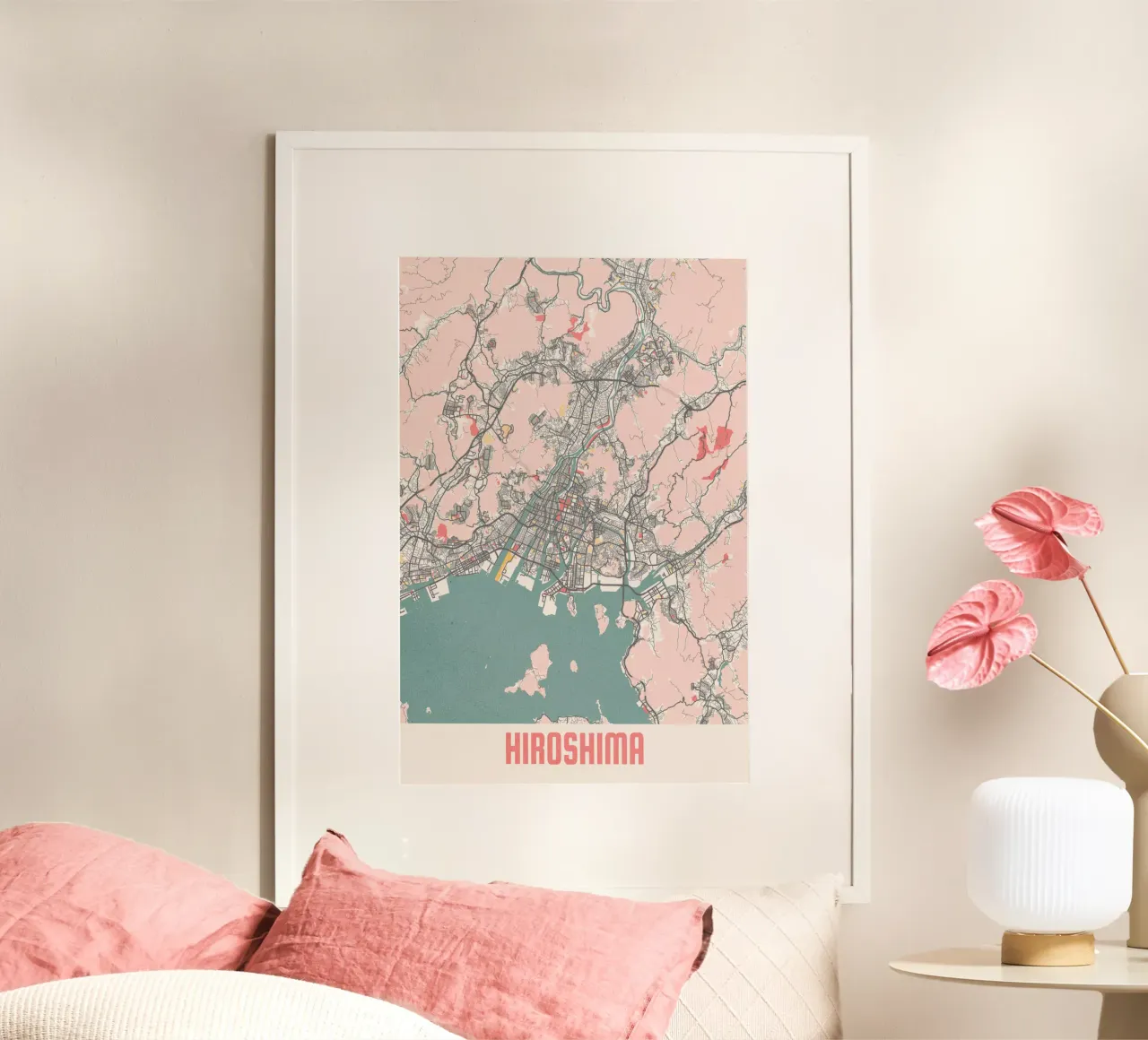 Riscoprire Hiroshima - Mappa moderna della città come stampa d'arte poster con telaio in alluminio da MOOODZART