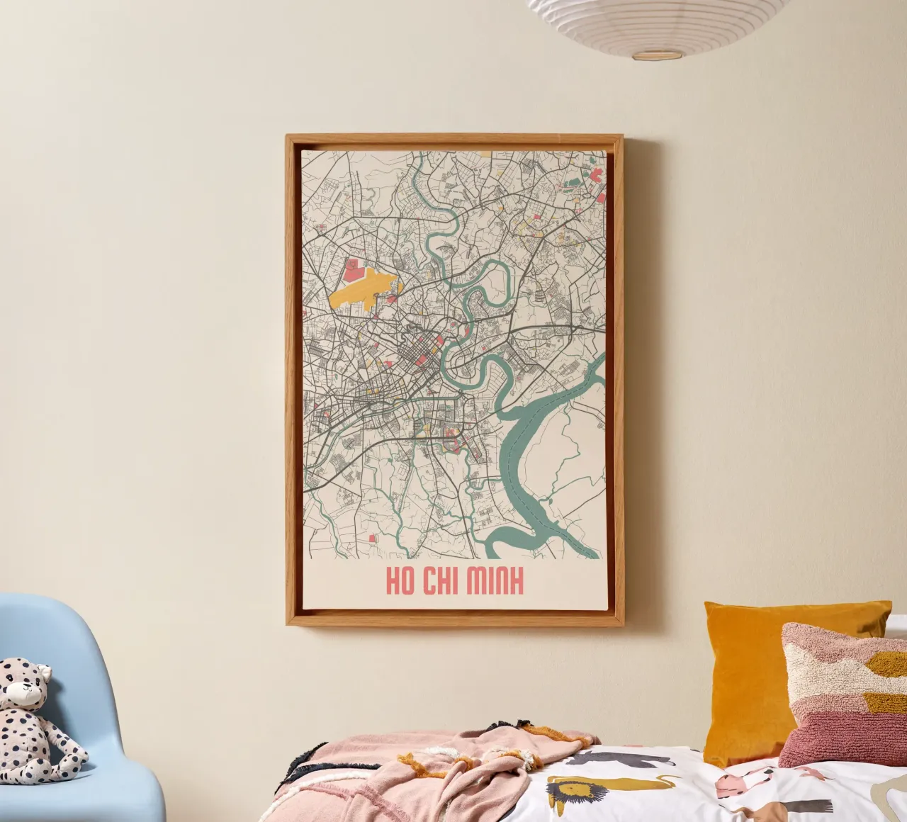 Ho Chi Minh Stad - Moderne stadsplattegrond in fine-art print canvas met Baklijst van MOOODZART