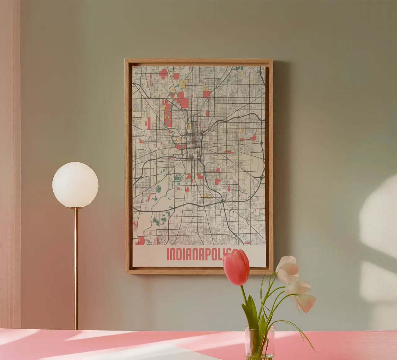 Ontdek Indianapolis - Stijlvolle stadsplattegrond als kunstdruk canvas met Baklijst van MOOODZART