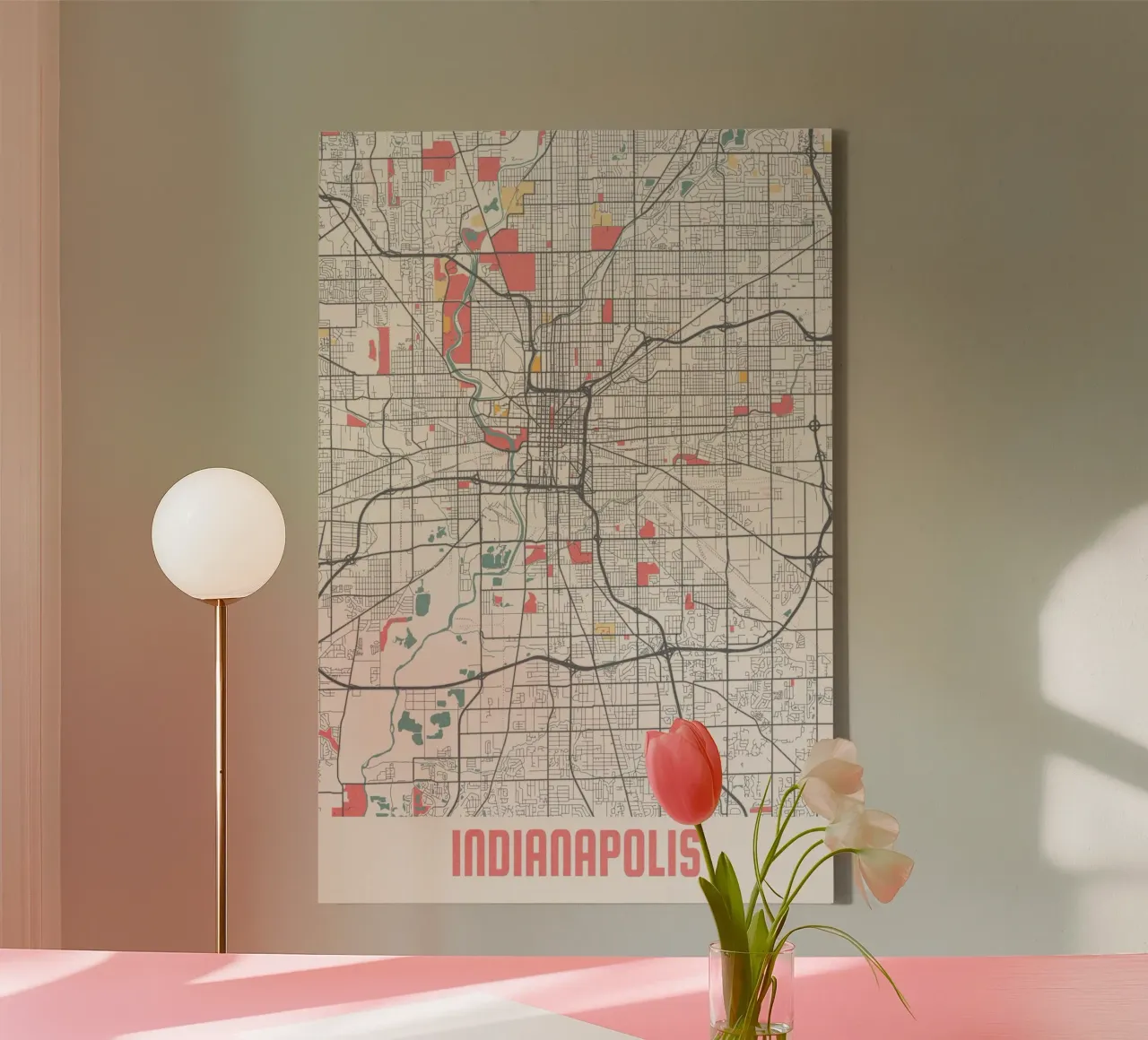 Ontdek Indianapolis - Stijlvolle stadsplattegrond als kunstdruk canvas met Baklijst van MOOODZART