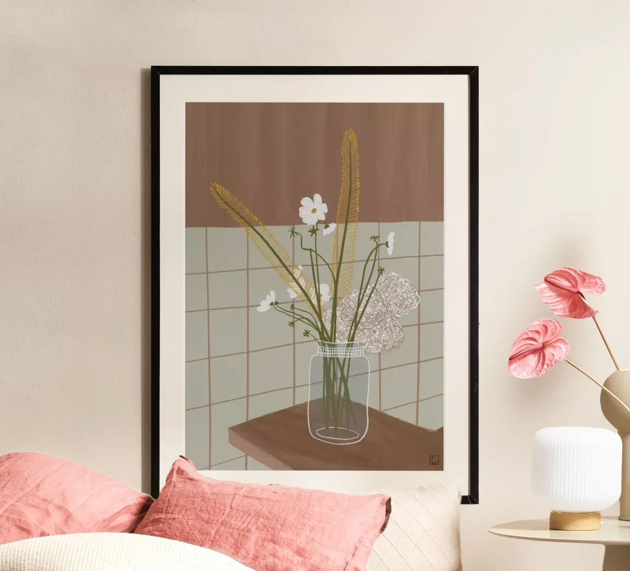 Flowers In Glass Jar poster with plastic frame by Be Mart