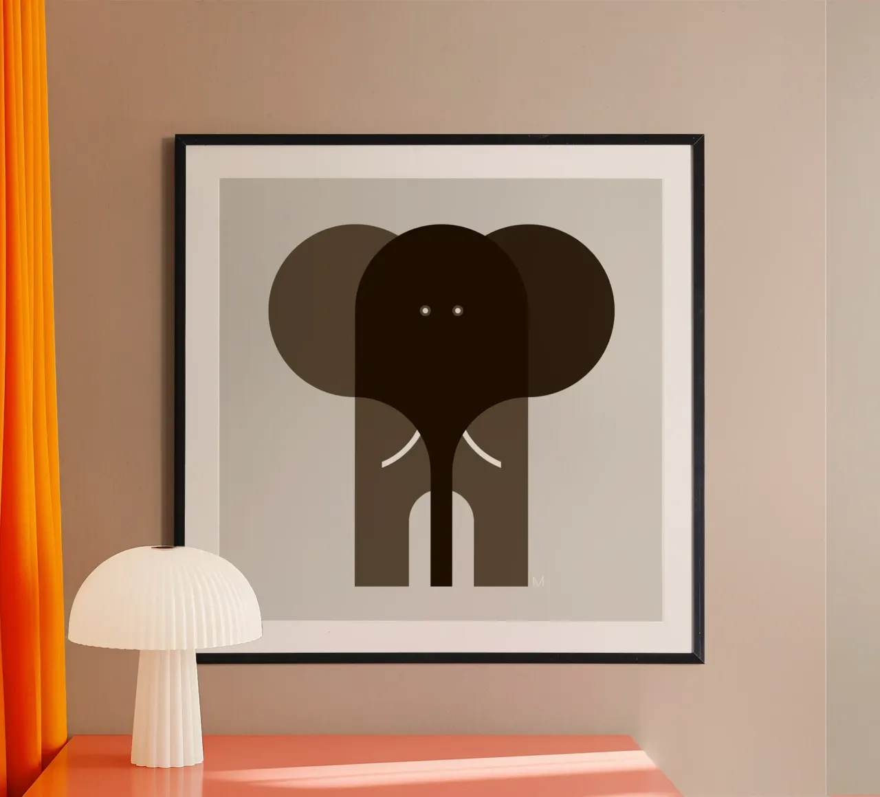 Elephant (neutral warm) poster with wooden frame by Seed & Signal