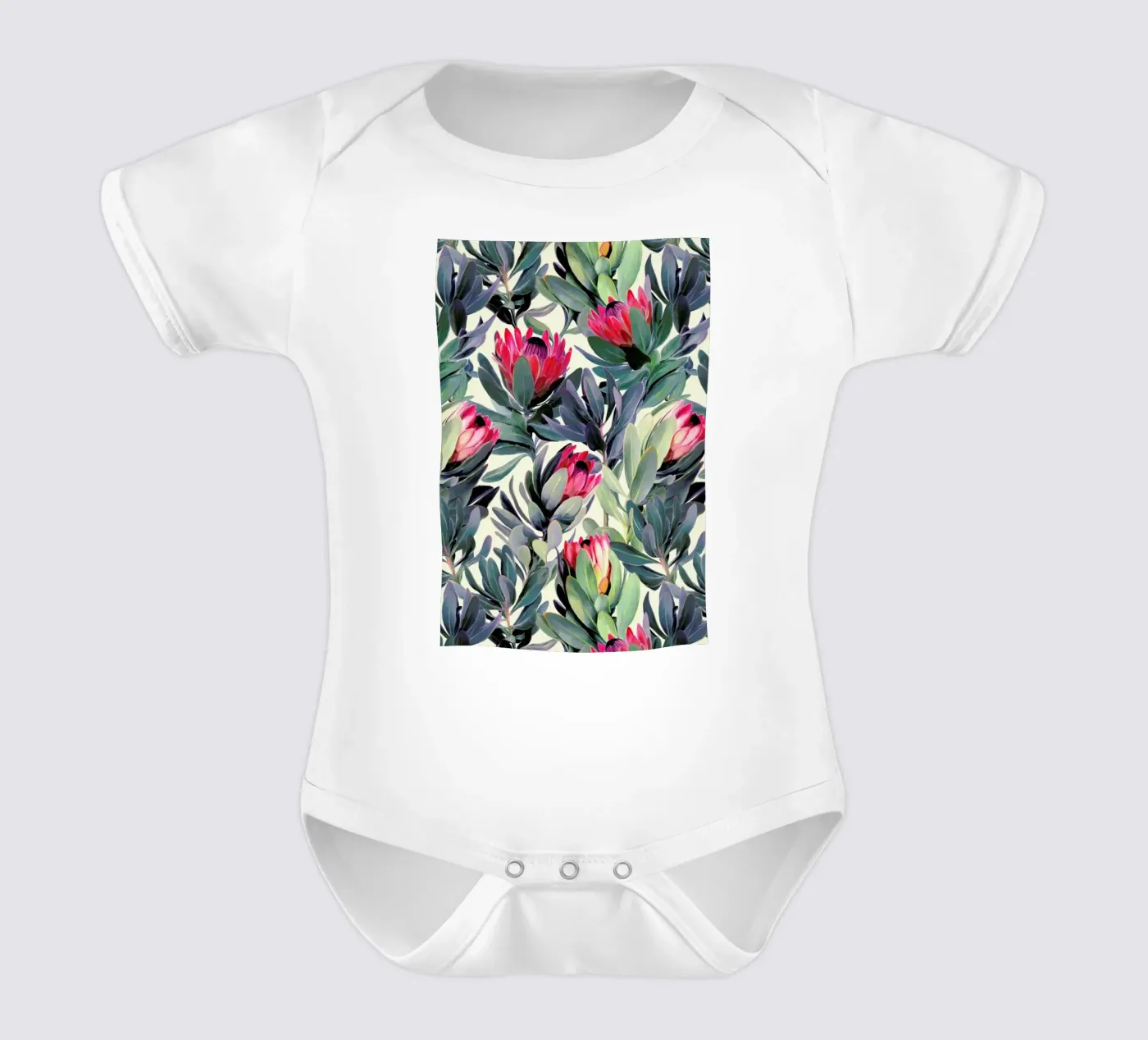 Painted Protea Pattern short-sleeve baby romper by Micklyn Le Feuvre