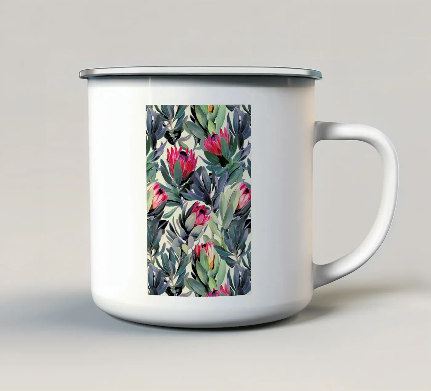 Painted Protea Pattern enamel mug by Micklyn Le Feuvre