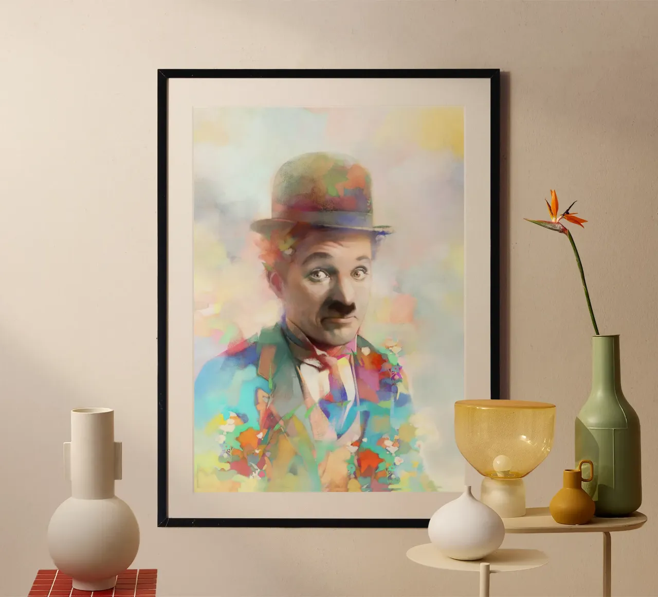 Charlie Chaplin - Genio della malinconia poster con telaio in legno da Artascy Art