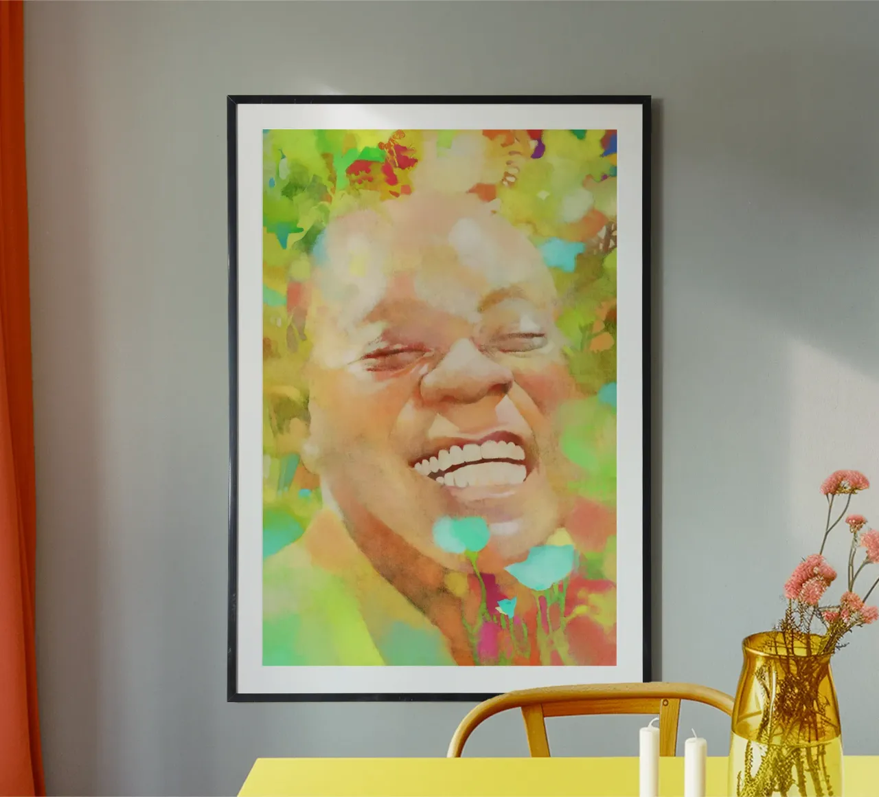 Louis Armstrong - Innovatore gioioso poster con telaio in alluminio da Artascy Art