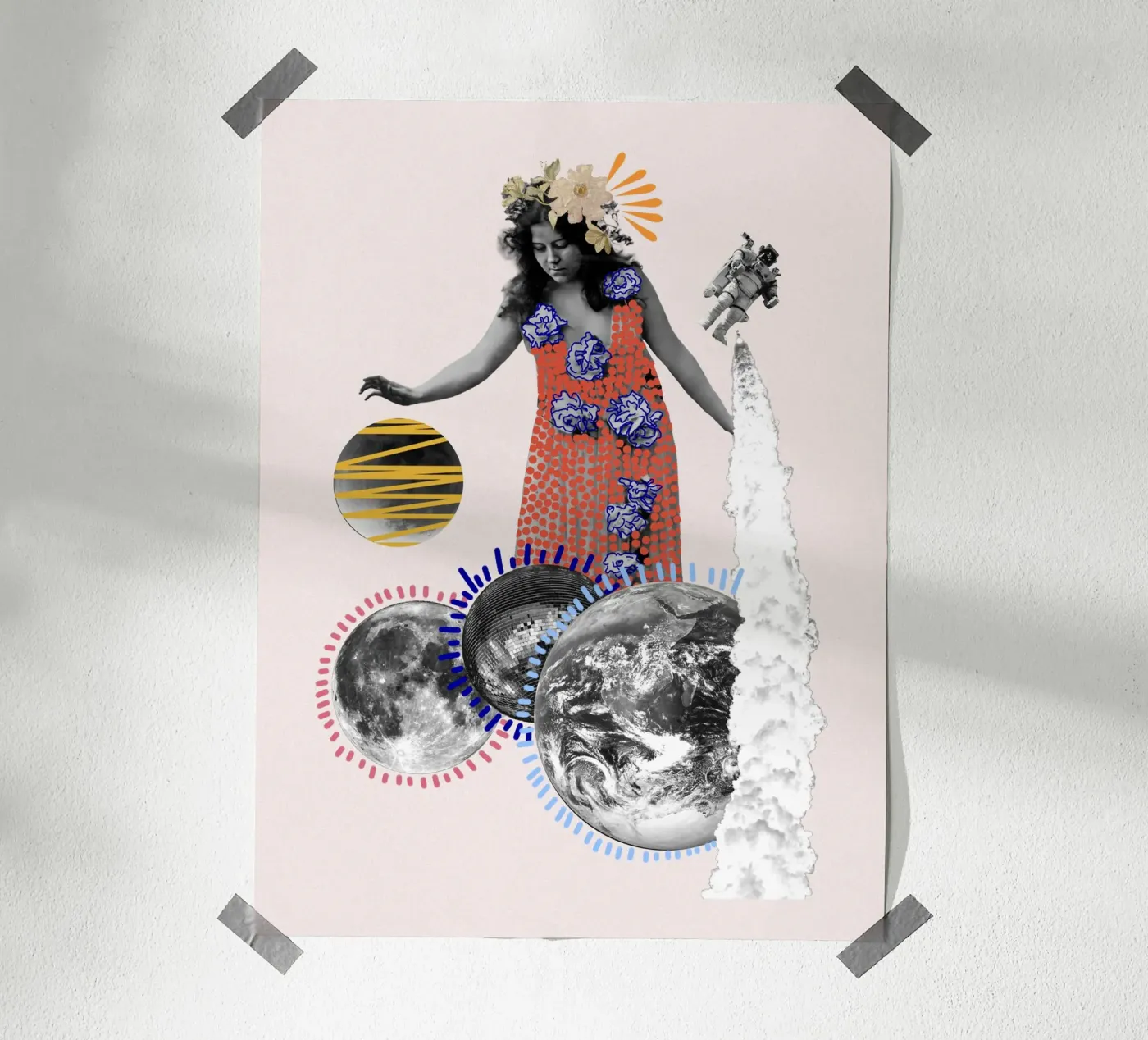 Galaktische Muse / Surreale Retro-Weltraum- und Blumen-Collage / Zustand Poster von Collage Pop Studio