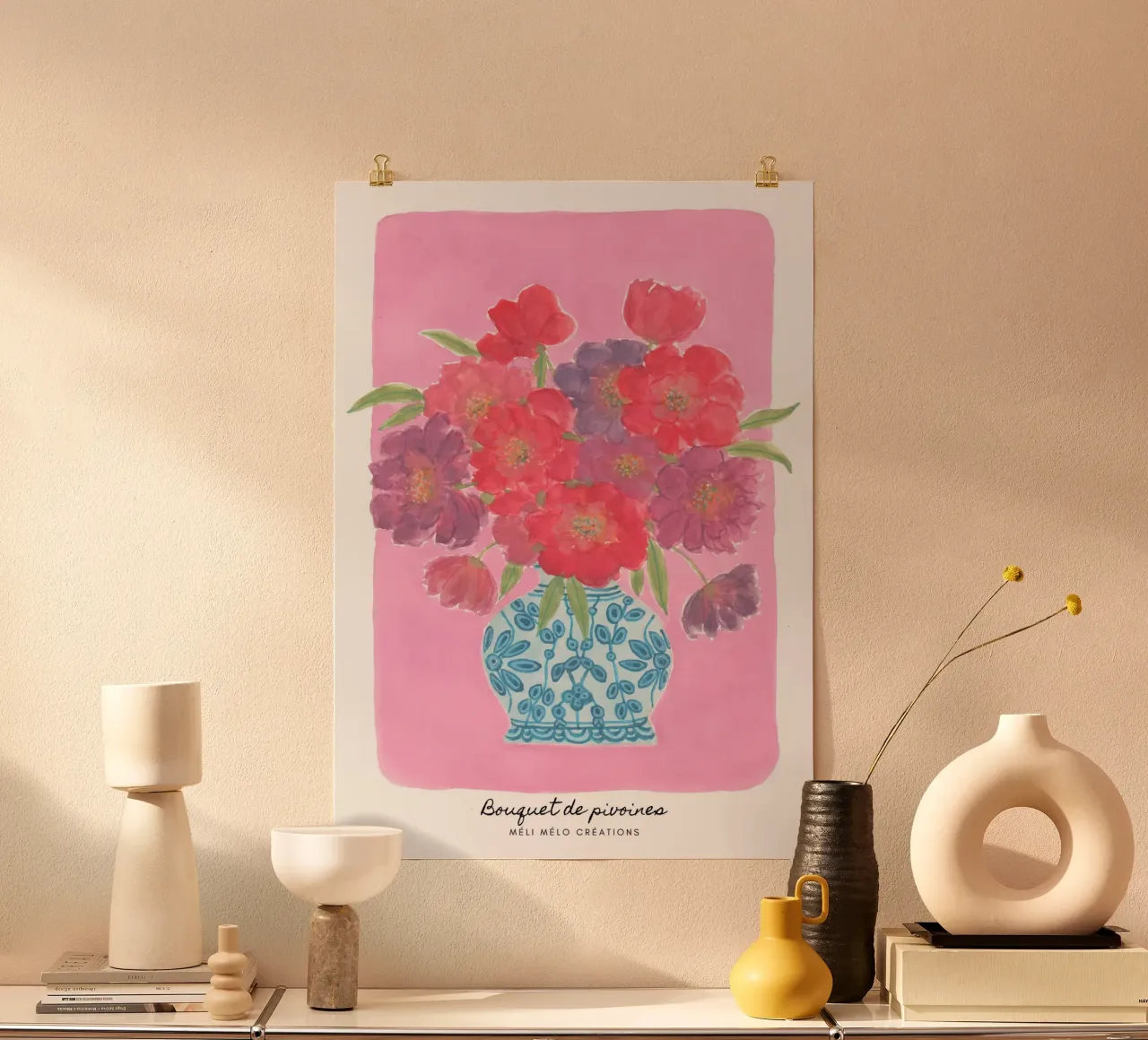 Bouquet di peonie poster con telaio in alluminio da melimelocreations