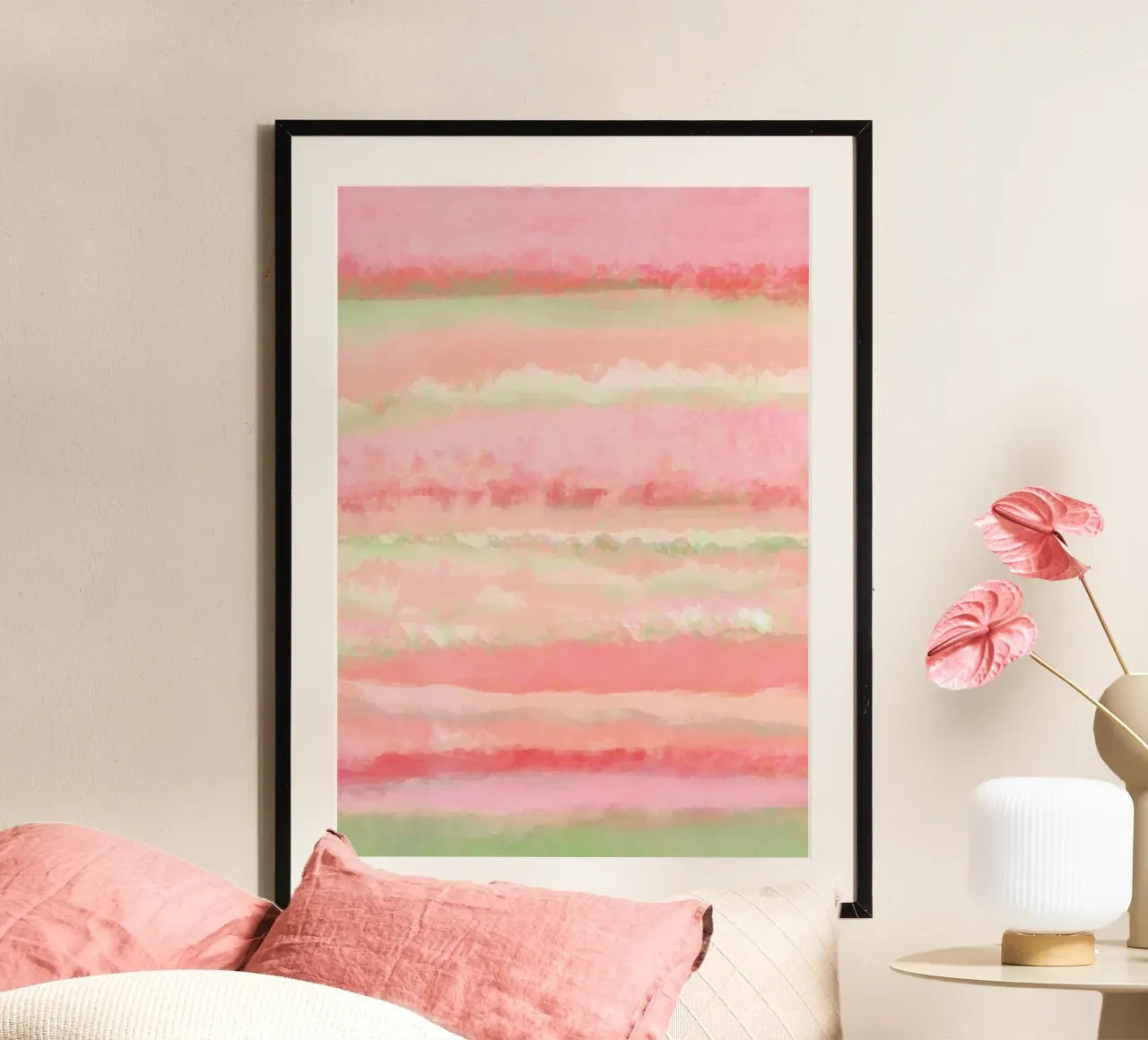 In a Watermelon Mood | Pastel Watercolor Strips poster con telaio in alluminio da sabidussi