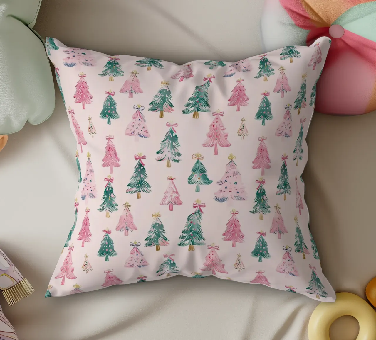 Alberi di Natale rosa con fiocchi rosa Coquette Estetica Y2K cuscino da Gentle Echoes Art