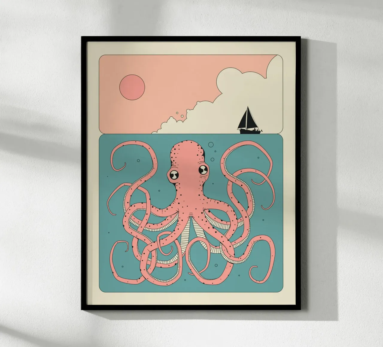 Polpo rosa poster con telaio in legno da Jazzberry Blue
