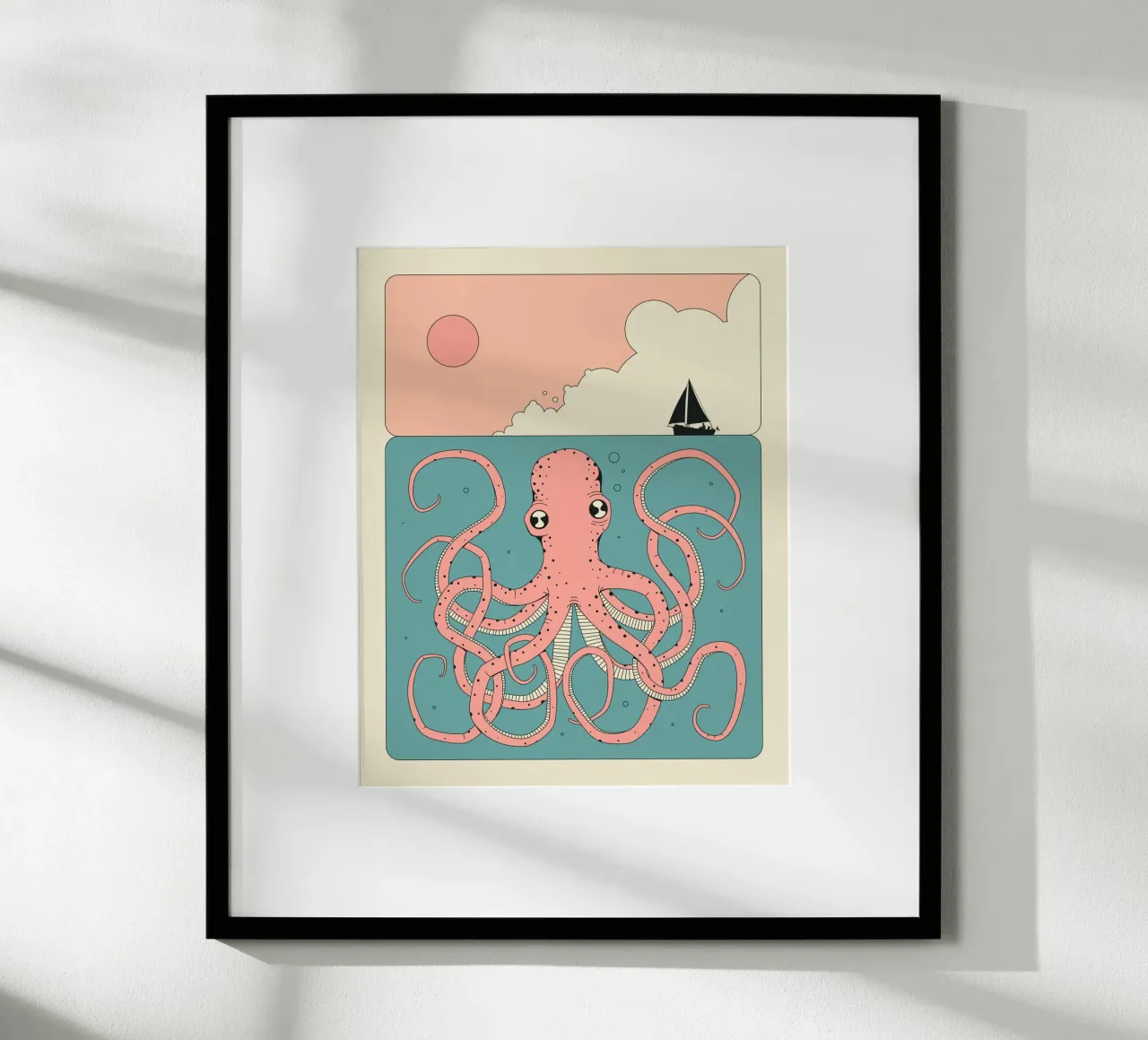 Polpo rosa poster con telaio in legno da Jazzberry Blue