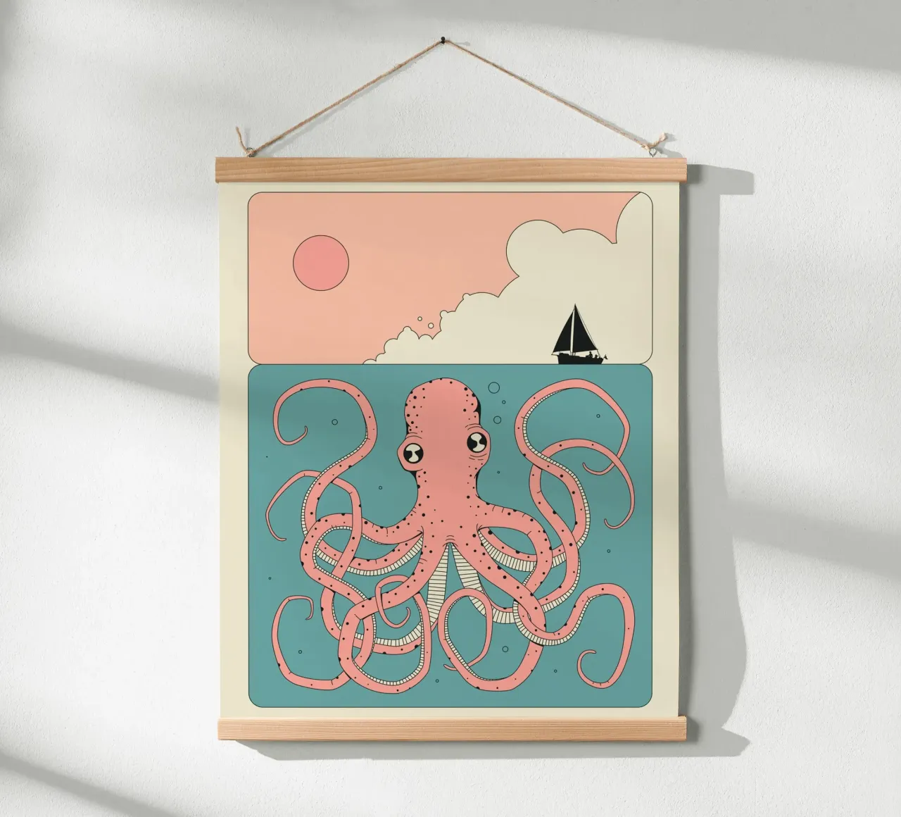 Polpo rosa poster con telaio in legno da Jazzberry Blue
