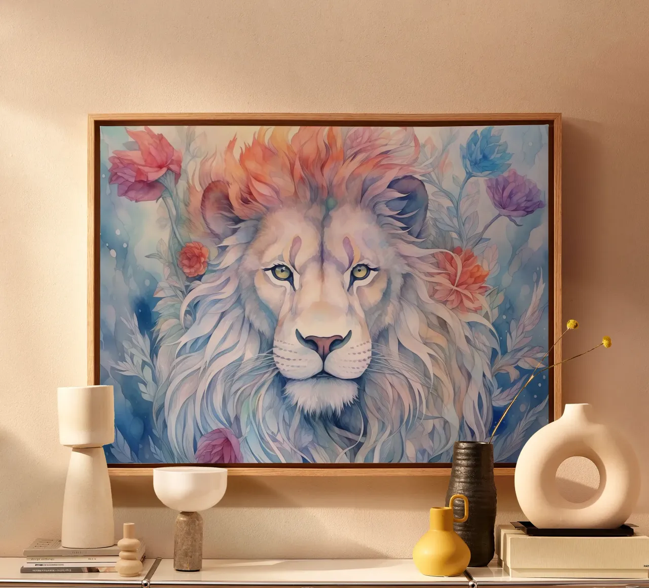 Animale Totem Leone tela con Cornice a cassetta da Théïa's Fantasia World